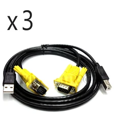 3 Pack - 5ft KVM Switch Cable - USB VGA Wire Cord 3-in-1 Keyboard Video Mouse PC