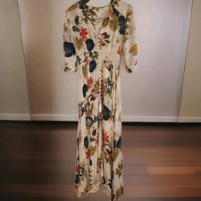 Women's S  Boho  Floral Maxi Dress V-Neck 3/4 Sleeve Button Drawstring Smocked