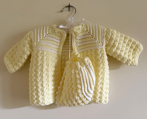 Handmade Crochet Acrylic Baby Cardigan Sweater & Bonnet Set Yellow White 0-3 m