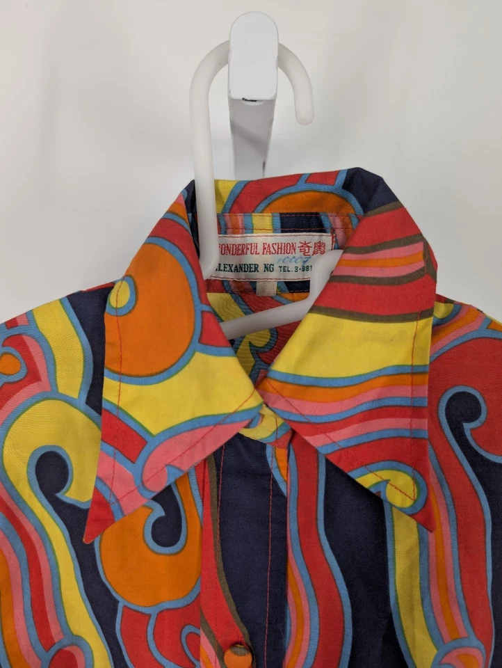 Camisa Psicodélica Vintage Años 60 70 Arte Geométrico Hippie Mod 32" Hong Kong Trippy Foto 3 de 4