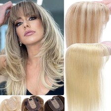 Clip In 100 Human Hair Topper Top Piece Toupee Silk Base Hairpiece Bangs Thick