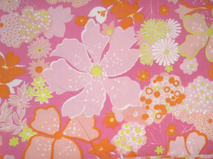 Vtg 70s Pequot Queen Flat Sheet Tropicale Pink Orange Flower Power 50/50 percale