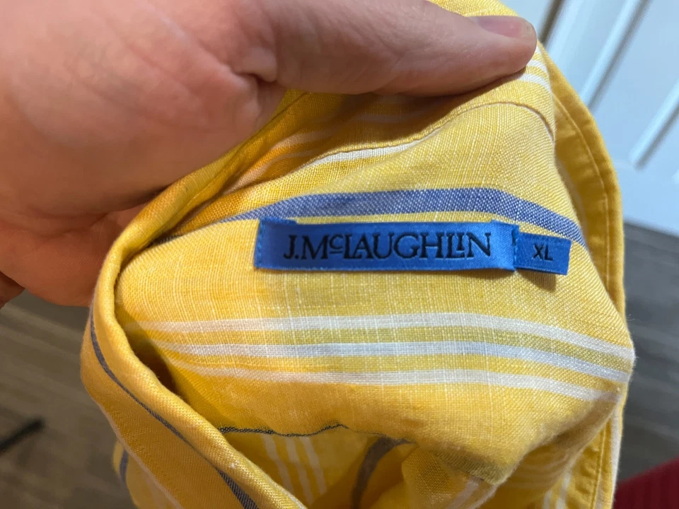 J. McLaughlin Men's yellow, blue & white striped 100% linen long sleeve shirt XL - Image 4 of 4