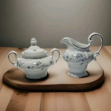 Johann Haviland Cream & Sugar Set Blue Garland Floral Platinum Trim Germany 