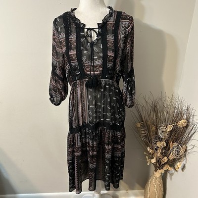 MIMI CHICA Women Sheer Midi Tiered Dress Paisley Multicolor Elastic Waist Sz M