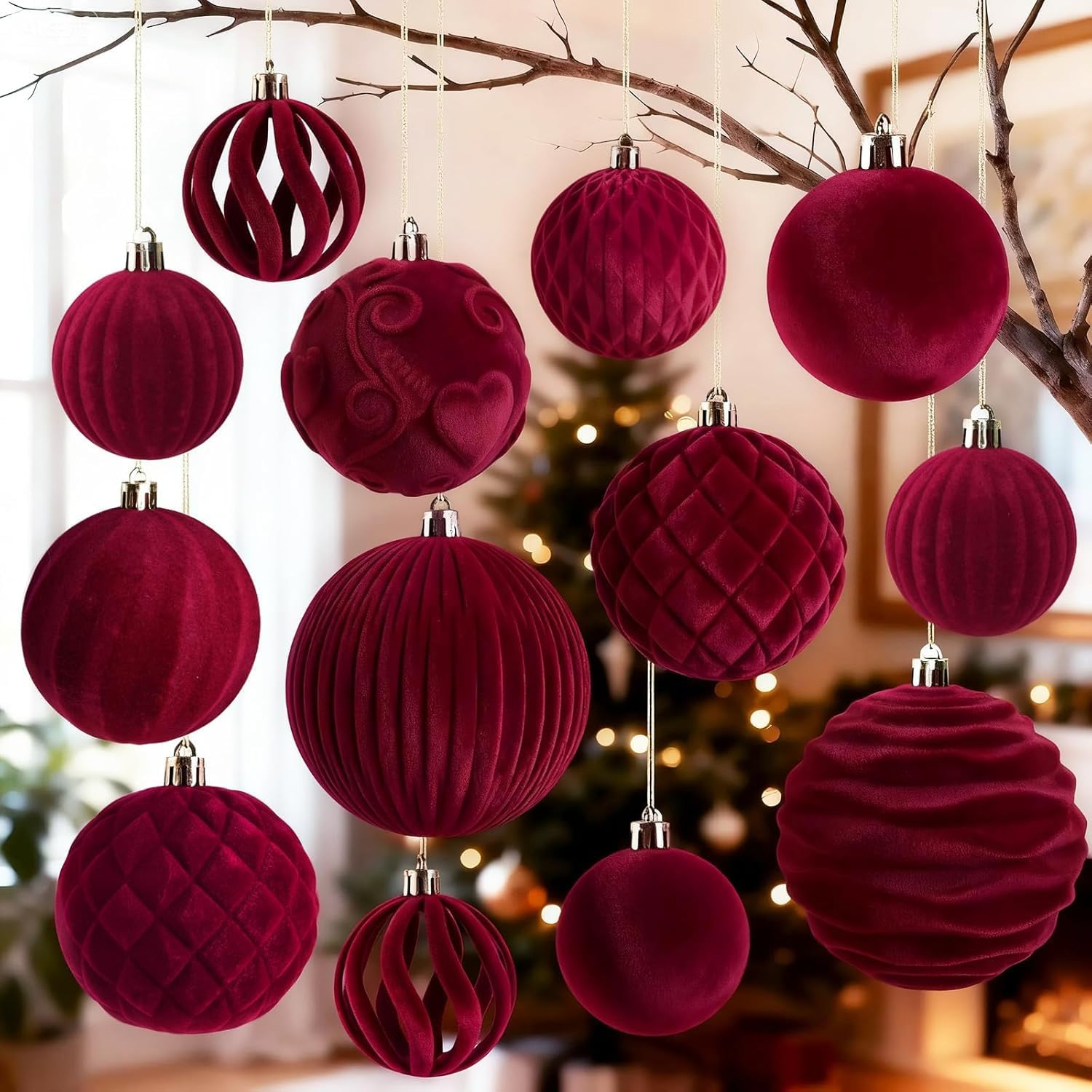 18 Velvet Christmas Baubles, Wine Red Flocked Shatterproof Tree Decorations