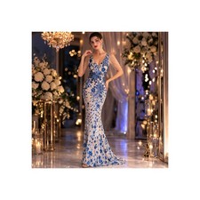 Luxury Beaded Mermaid Evening Gown Blue Sequin V Neck Formal Gala Party Dress
