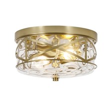 9.8" Small Flush Mount Ceiling Light with Clear Hammered Glass, Brushed Gold ...