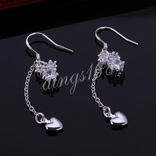 Genuine 925 Sterling Silver Crystal 54mm/2" Threader Heart Dangle Earrings L686