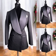 Black Men's Suits Wide Shawl Lapel Blazer Business Double Breasted Tuxedos Coat