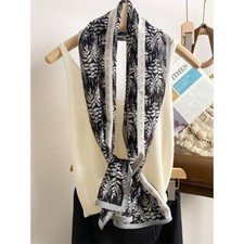 100 Mulberry Silk Crepe Shawl Leaves Print Neckerchief Oblong Scarf Black