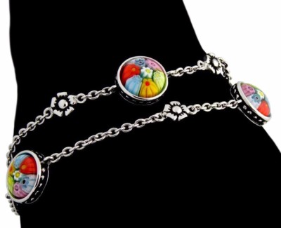 Alan K. Bracelet Multicolor MURANO MILLEFIORI 2 Strand Round With Silver Flowers