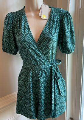 Boden Romper Shorts Women's Size US 6P Teal Palm Tile Ruby Tie-Waist NWT