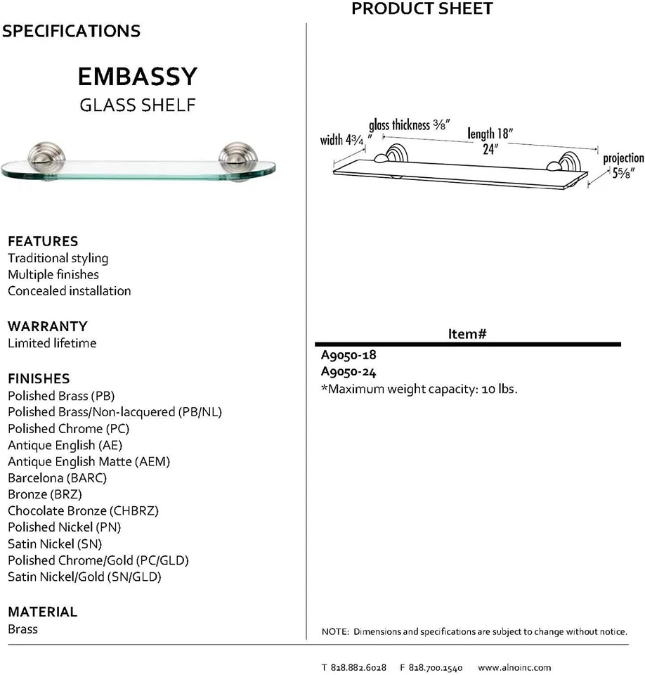 Alno A9050-24-CHBRZ Embassy 24 Inch Wide Glass Shelf Brass Mounting Brackets Foto 2 de 2