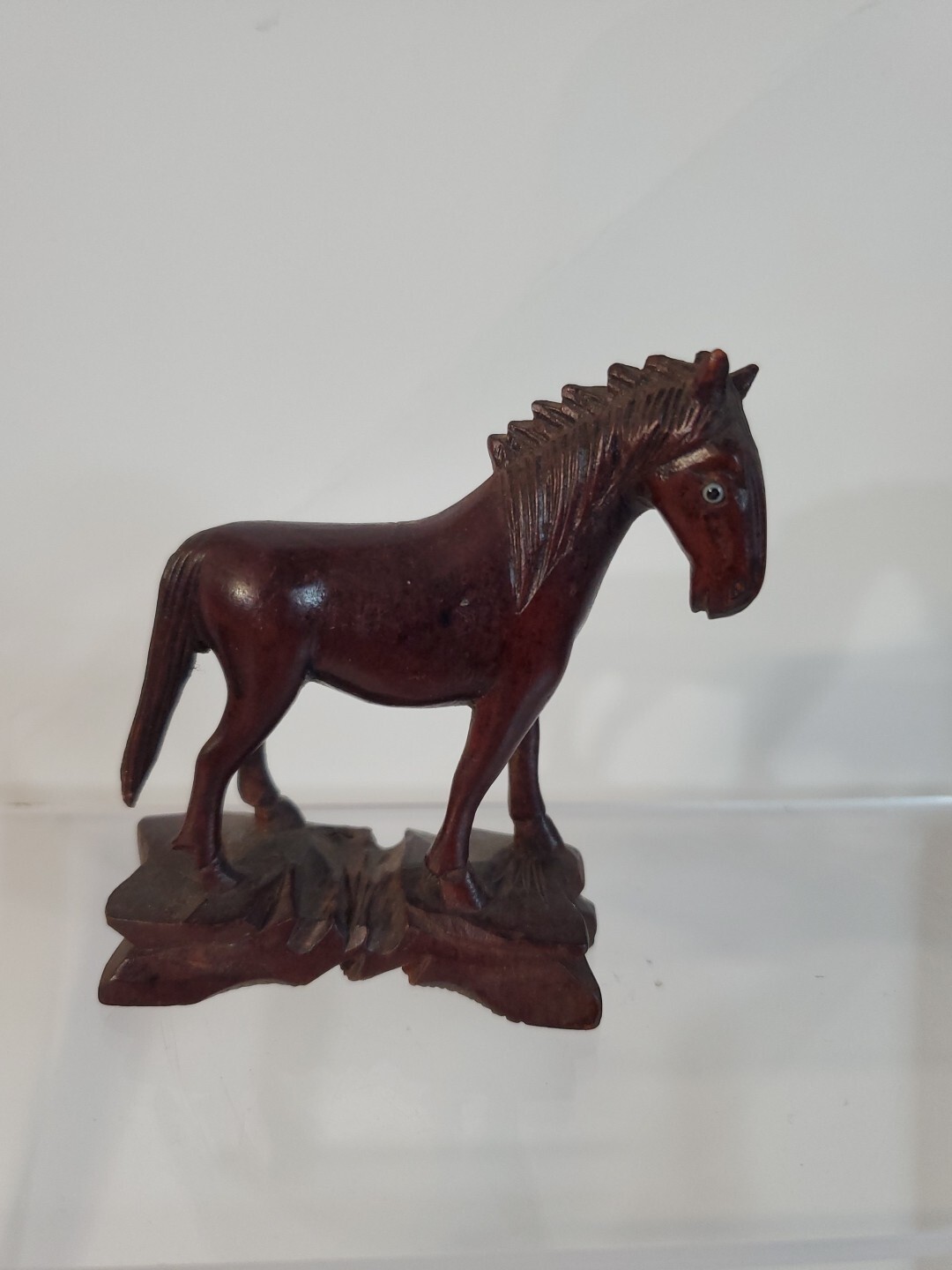 Vintage Wooden Horse Hand Carved Figurine Statue Chinese Boxwood Glass Eyes