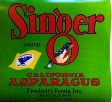 Singer California Asparagus Crate Label Song Bird Perched Original Vintage 1960s