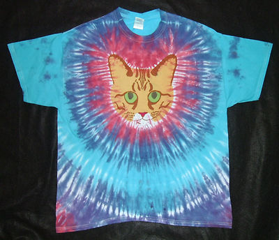 RED TABBY CAT FACE TIE DYE T-SHIRT ORANGE TIGER GINGER CAT