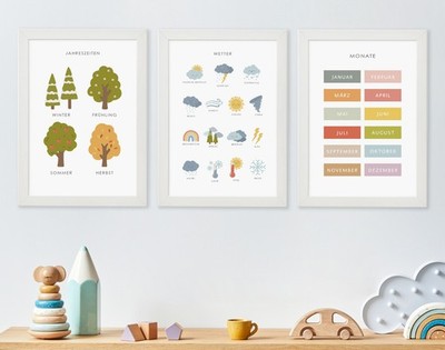 3er Set Lernposter Jahreszeiten Monate Wetter lernen A4 Poster Montessori Kinder