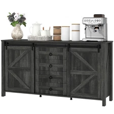 60 Buffet Cabinet, Farmhouse Sideboard With Sliding Barn Doors, Drawers And Adju