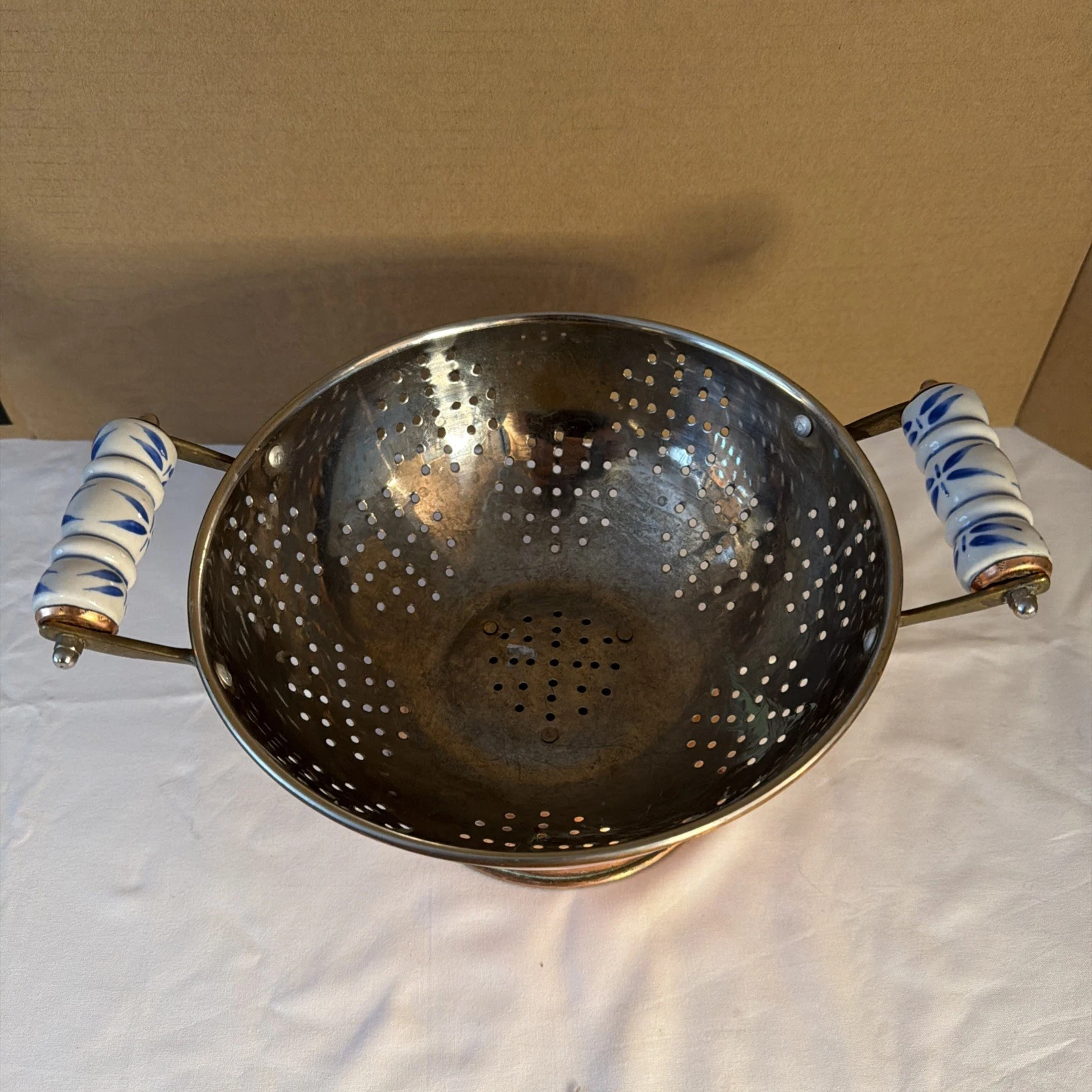 Vintage Copper Strainer Colander With Blue And White Handles