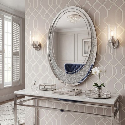 Oval Wall Mirror Crushed Diamond Inlay Frameless Sparkle Crystal Accent Decor