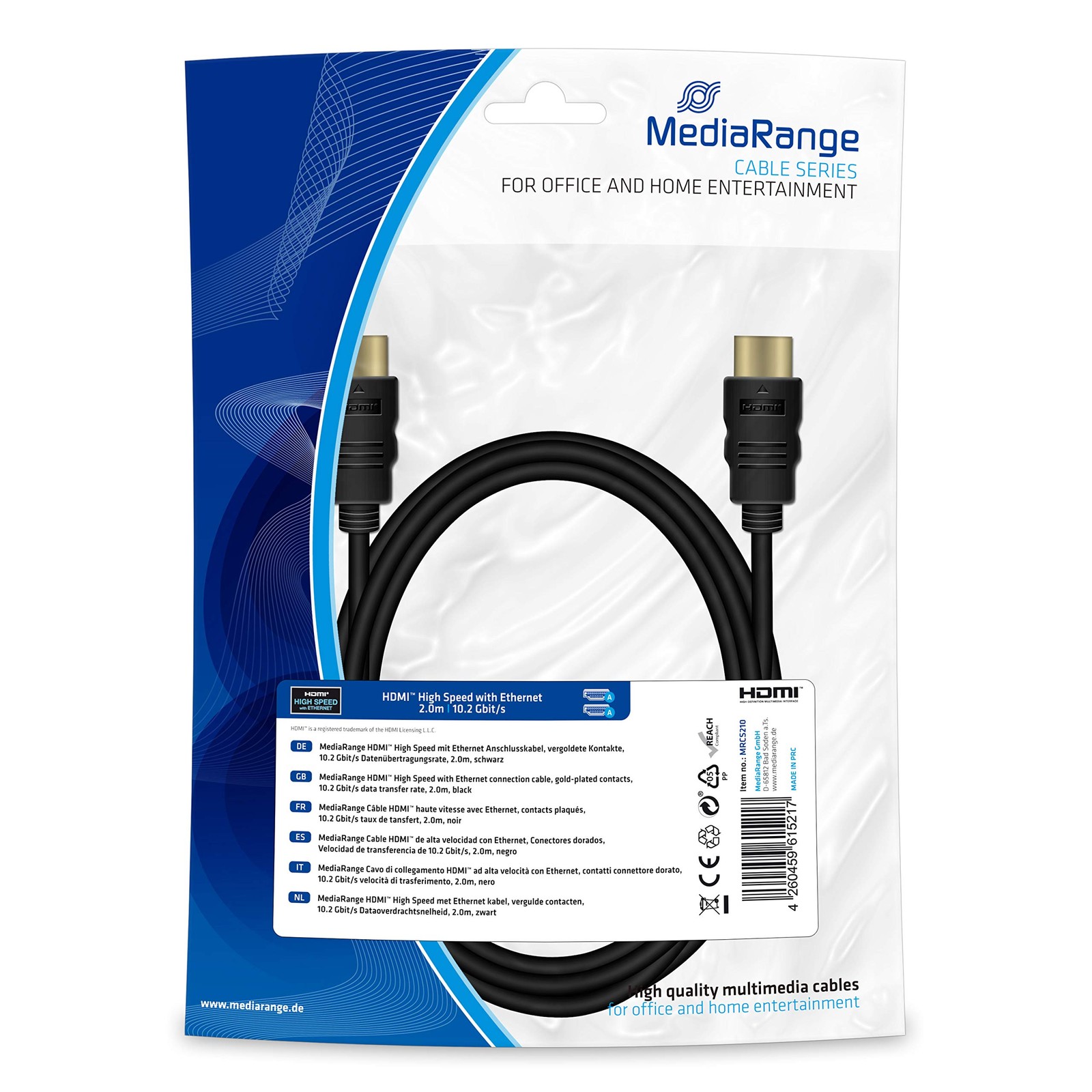 MediaRange HDMITM High Speed with Ethernet Connection Cable, Gold-Plated Contact