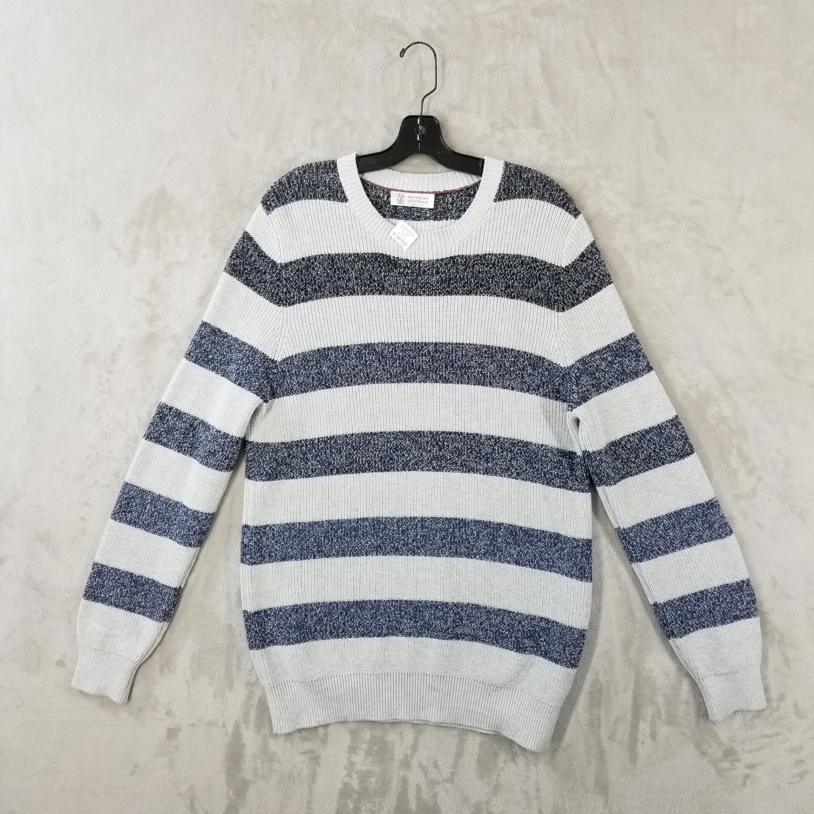 Brunello Cucinelli — Brunello Cucinelli Sweater Mens Striped 100% Cotton Knit Crewneck Blue White