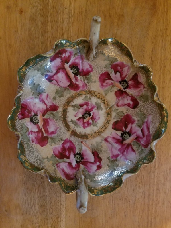 Vintage Painted Bowl and Beaded gold Raised Design Pink Flowers w/Handles