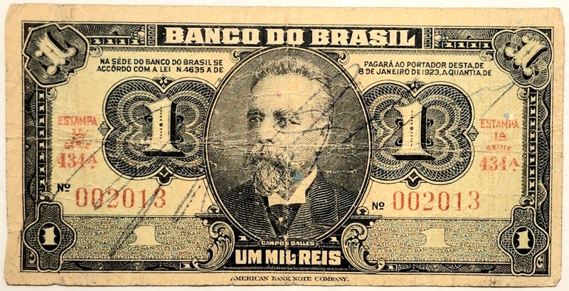 Brazil Um Mil Reis Jan. 8, 1923 Stamp 1A-Series 434A hand signed Banknote 