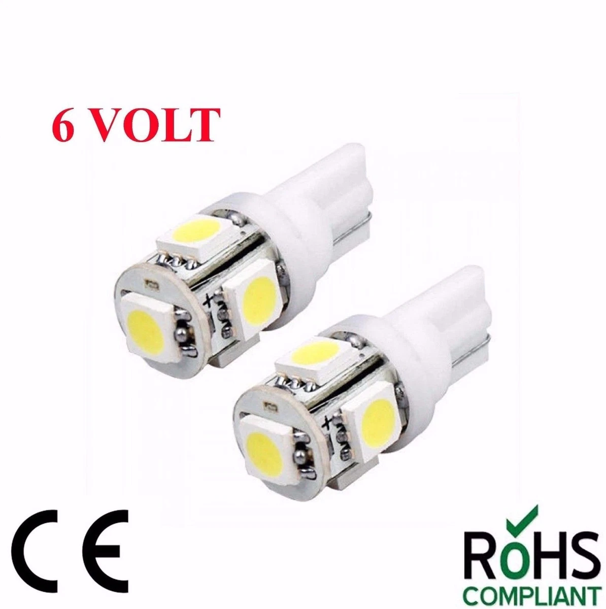 2X 6 Volt White GLB500 T10 Capless LED Wedge Bulb Classic Car
