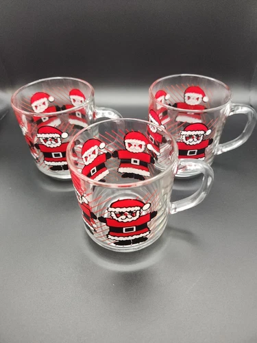 Vintage Luminarc Clear Glass Santa Claus Striped Christmas Mugs Cups - Lot of 3