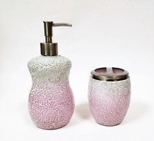 2 PC SET NICKLE SILVER+ WHITE+PINK GLASS MOSAIC SOAP DISPENSER+TOOTHBRUSH HOLDER