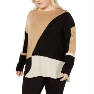 INC womens Color blocked Long Sleeve HTHR ginger Sweater Plus Size 3X