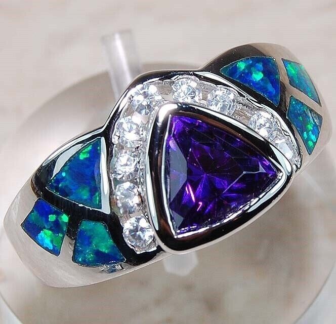 1CT Amethyst & Australian Opal Inlay 925 Sterling Silver Ring Sz 7 AB7