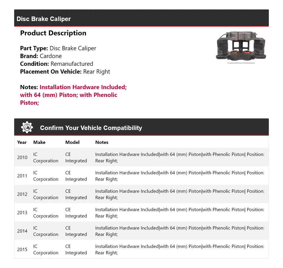 Pinza de freno de disco integrada trasera derecha Cardone para IC Corporation CE 2010-2015 Foto 2 de 4