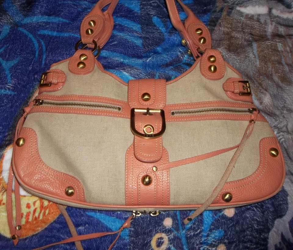 Rafe New York Linen & Leather Handbag Large Hobo Tan Coral Expandable  - Image 3 of 4