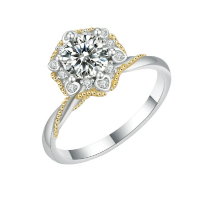 1ct D Color Moissanite Flower Wedding Ring Women 925 Silver Plated 2 Tone Gold