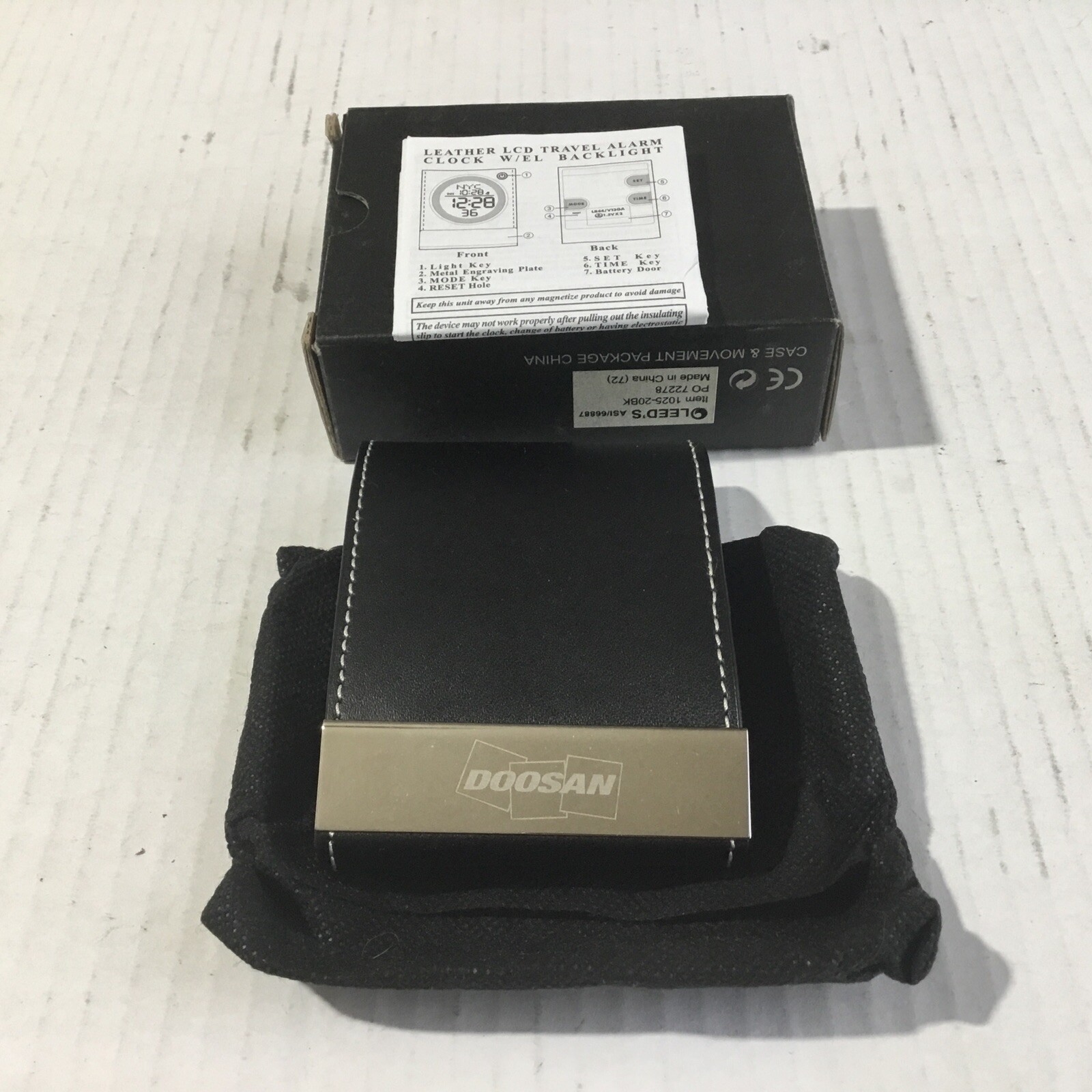 DOOSAN Leather LCD Travel Alarm Clock W/EL Backlight .