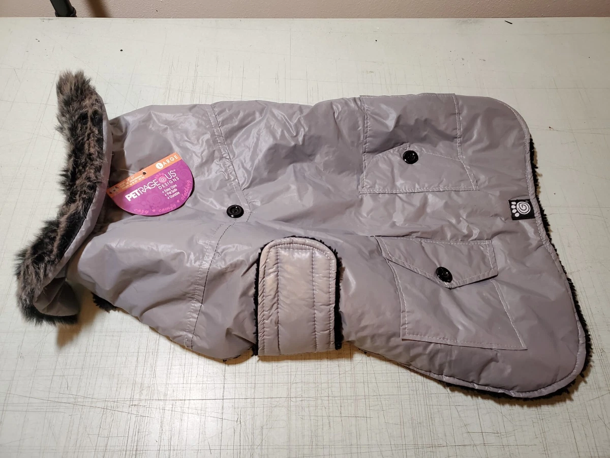 Pet Rageous Large Dog Coat w Fur Collar Gray NEW Jacket eBay