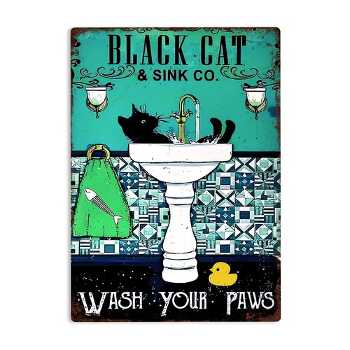 Black Cat Wash Your Paws Retro Bathroom Metal Sign Vintage Cat Lover Plaque Gift - Picture 15 of 15