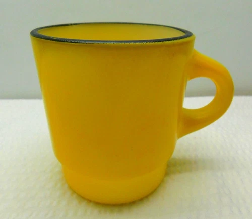 Vintage Anchor Hocking Yellow Stackable Fire King Mug Coffee Cup Black Rim USA
