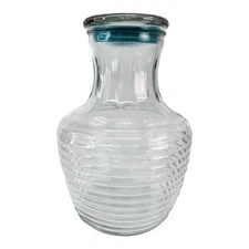 Anchor Hocking 9" Ribbed Beehive Glass Carafe Juice Water Pitcher Jar Blue Lid