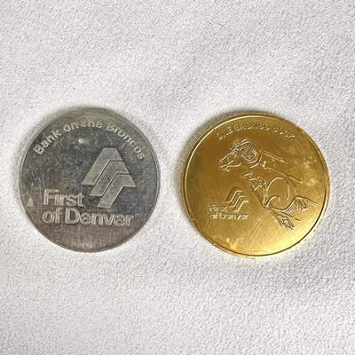 VTG First Denver Broncos One Bronco Buck NFL Schedule Set of 2 Coins 1980 1974