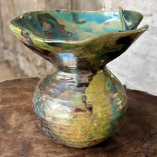 Raku Vase w/ Striations Multi Color Handkerchief OOAK Numbered #90 Signed 6.75”