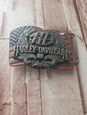 VTG 1989 Harley Belt Buckle With American Eagles & Flag Made In USA