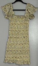 Storia Smocked Ditzy Floral Yellow Mini Dress Fitted Ruffle Sleeve Sz S Sale!!!!