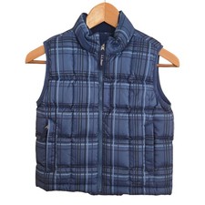 L.L. Bean Puffer Vest Kids M 5-6 Blue Plaid Full Zip Down Insulated