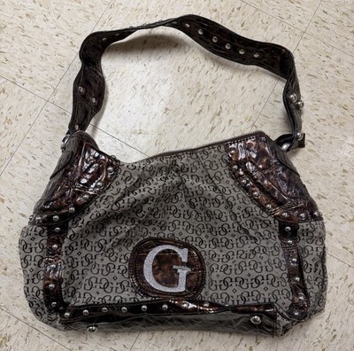 GUESS Women's Tote Purse Brown Tan and Dark Brown Leather