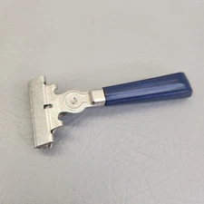 Schick Eversharp Safety Razor Blue Handle Silver Tone Textured Head Single Edge