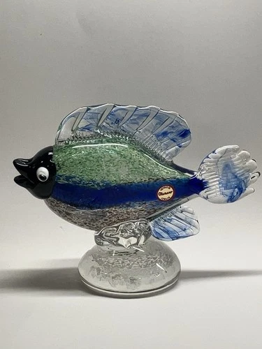 Vintage Murano, glass, fish, blue, and green with sticker
